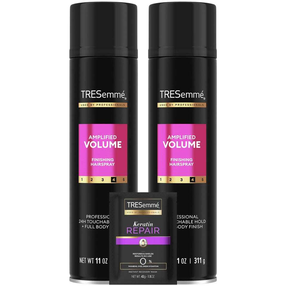 TRESemmé front view of Total Volume hairspray pack showing brand and volume benefit