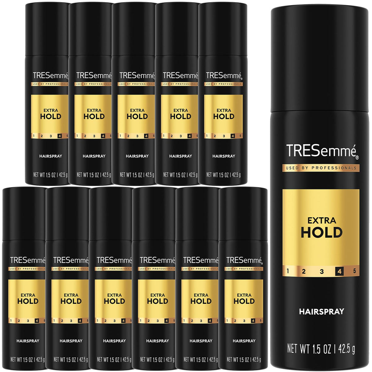 TRESemmé front packaging of travel-size extra hold 12-pack showing compact cans and branding benefit portability