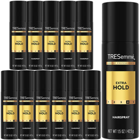 TRESemmé front packaging of travel-size extra hold 12-pack showing compact cans and branding benefit portability