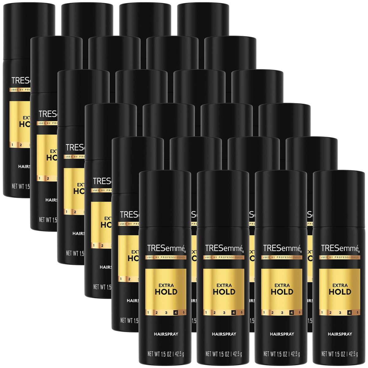 TRESemmé travel pack front view showing 24 mini cans and portability benefit