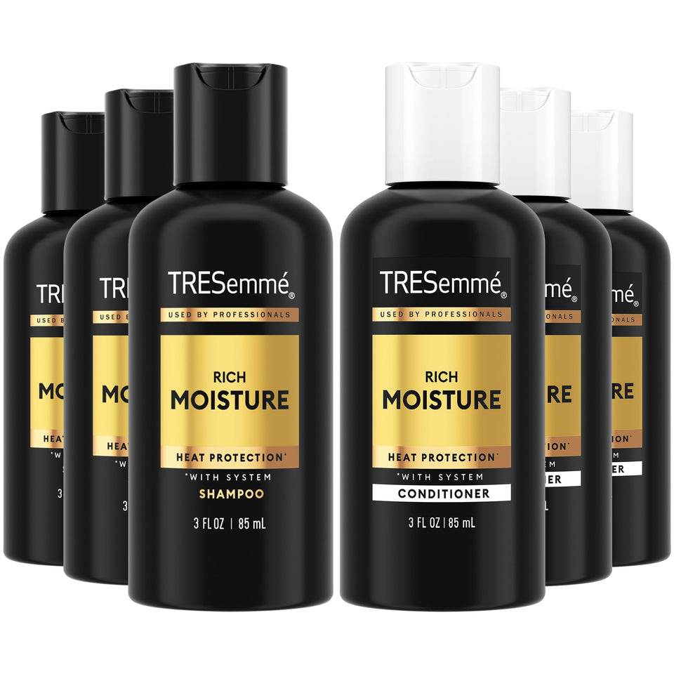 TRESemmé travel pack front view showing compact bottles and easy portability