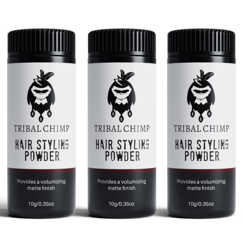 Tribal Chimp front packaging showing three 10g bottles and branding benefit: compact convenience