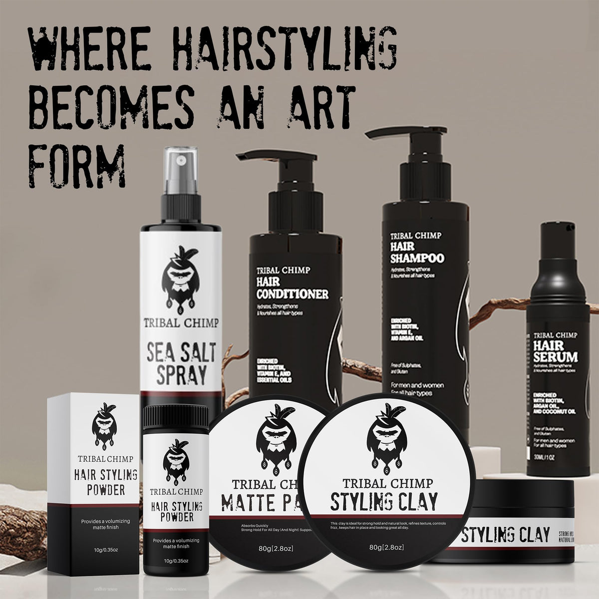 Tribal Chimp jar on bathroom shelf in grooming routine for everyday convenience