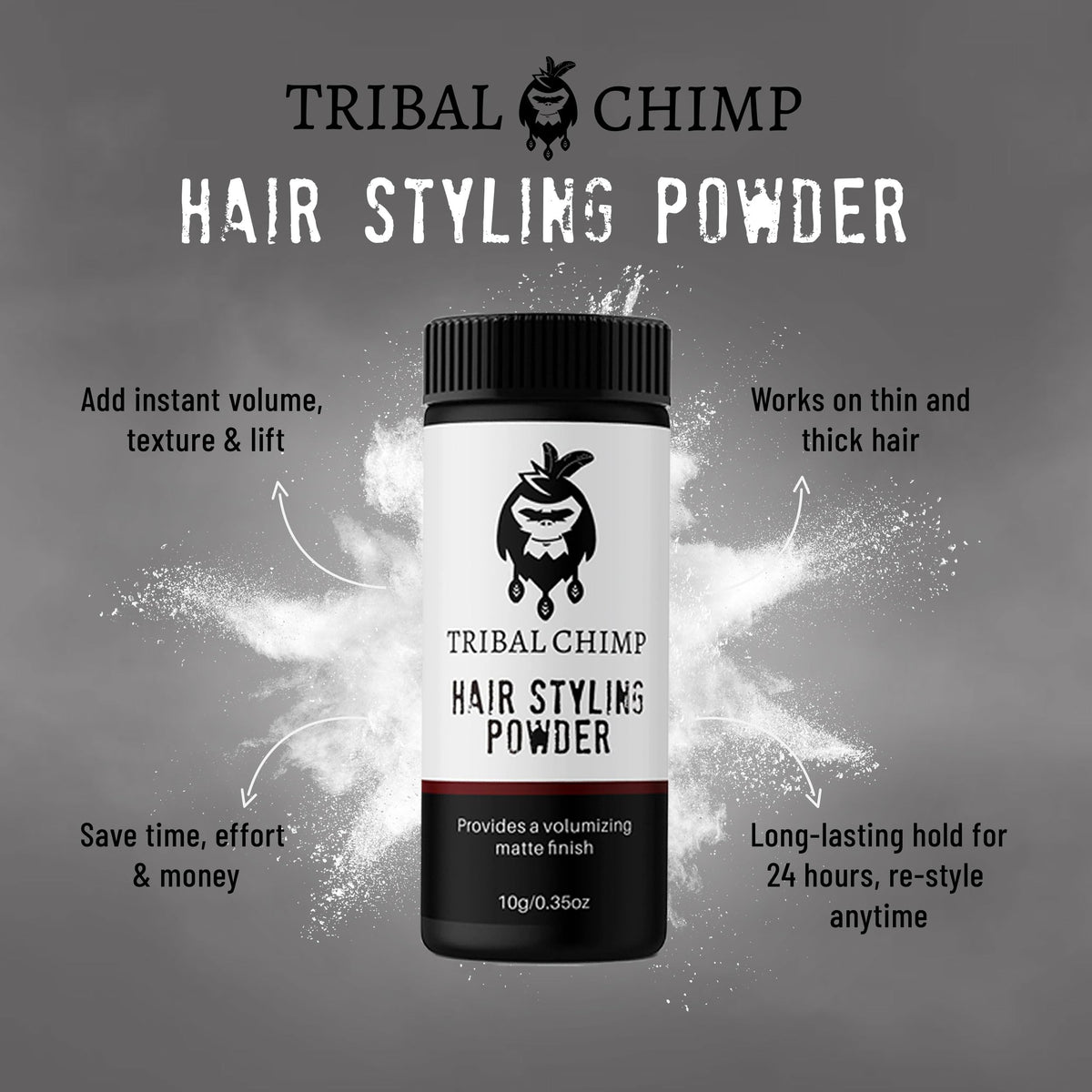 Tribal Chimp open tin close-up showing powder texture and easy pickup benefit