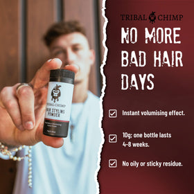 Tribal Chimp powder applied in hair adding visible volume and natural texture