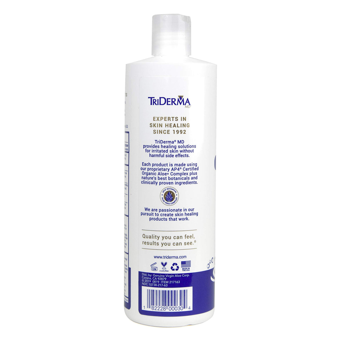 TriDerma close-up label highlighting 2% salicylic acid and aloe