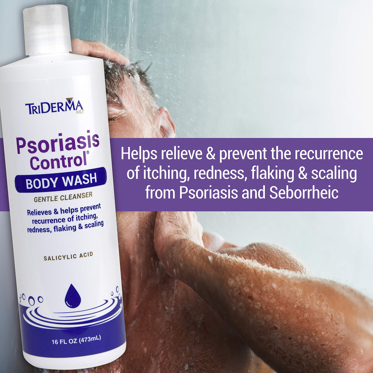 TriDerma being used in shower to soothe and cleanse skin