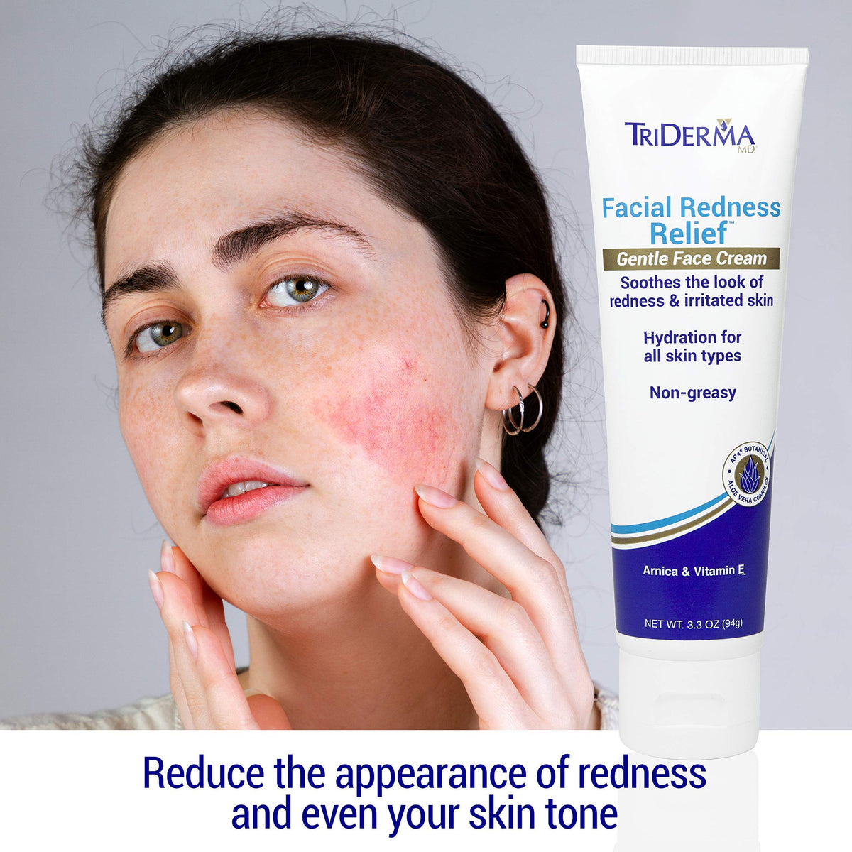 TriDerma ingredient label with AP4 aloe detail, botanical soothing benefit