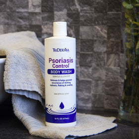 TriDerma on bathroom shelf suggesting daily routine convenience