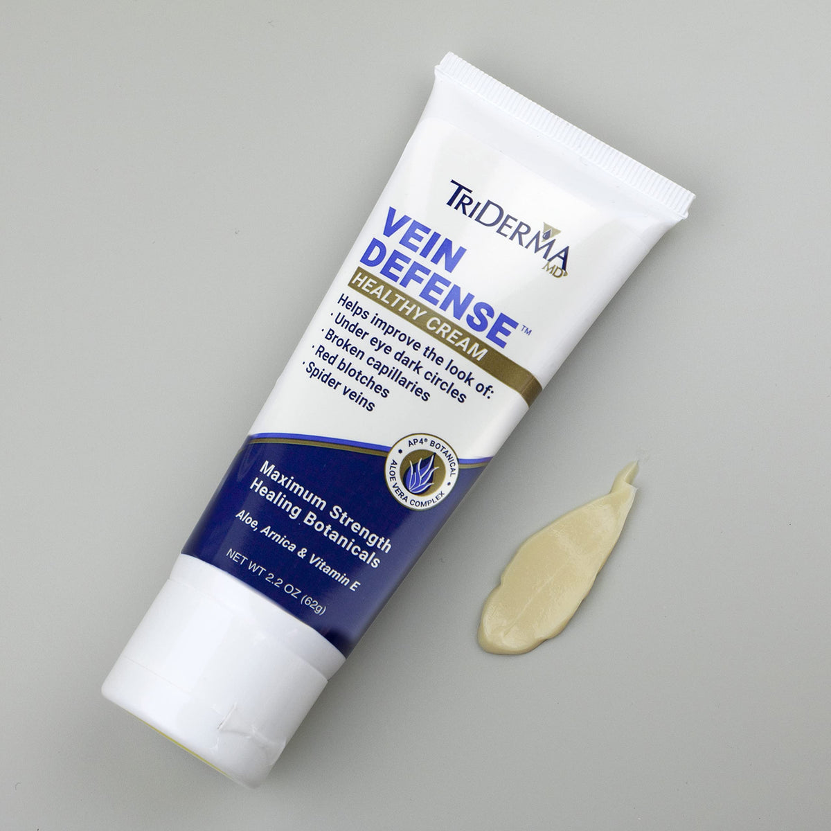 TriDerma Vein Defense displayed in bathroom on shelf for daily routine