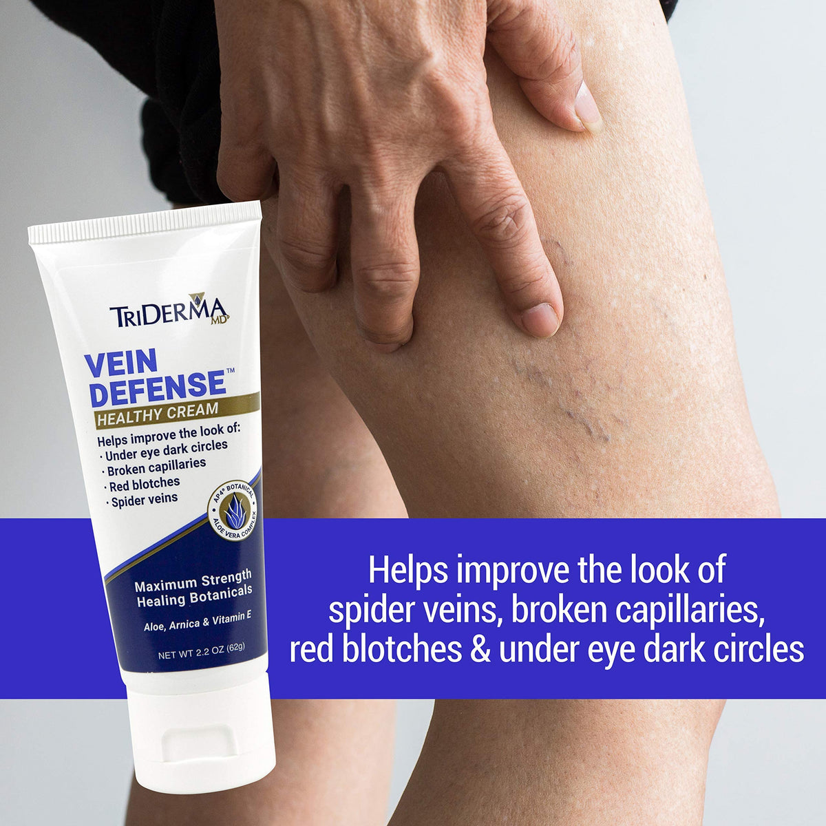 TriDerma Vein Defense tube in hand for clear size and scale reference