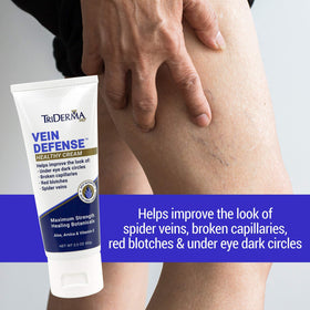 TriDerma Vein Defense tube in hand for clear size and scale reference