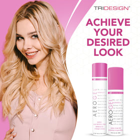 TRIDESIGN hands spraying at roots to show instant lift and lasting hold