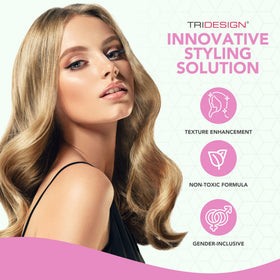 TRIDESIGN styling spray in use on curly hair adding definition