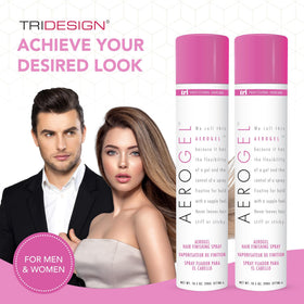 TRIDESIGN lifestyle image of model styling hair for all-day hold and volume