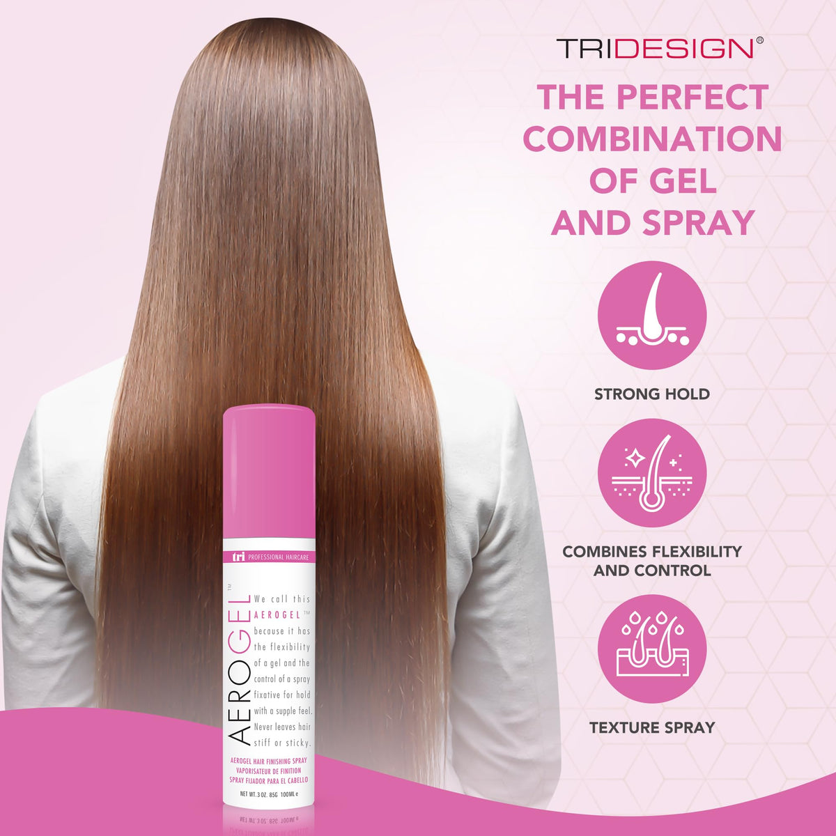TRIDESIGN styled hair closeup highlighting shine and voluminous finish without flakes