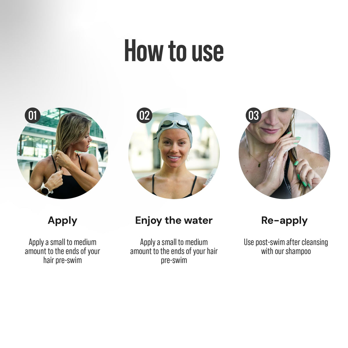 TRIHARD being applied to dry hair before swim to reduce chlorine absorption