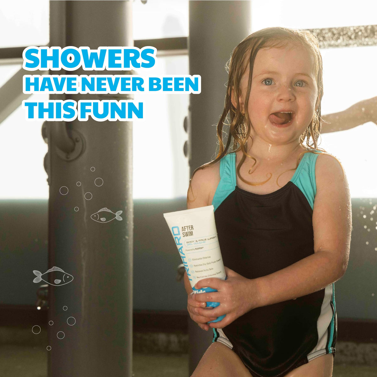 Child rinsing with TRIHARD and towel, illustrates fast post-swim cleanup and comfort
