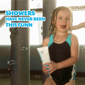 Child rinsing with TRIHARD and towel, illustrates fast post-swim cleanup and comfort
