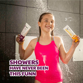 Child applying TRIHARD poolside showing tear-free protection and quick pre-swim use