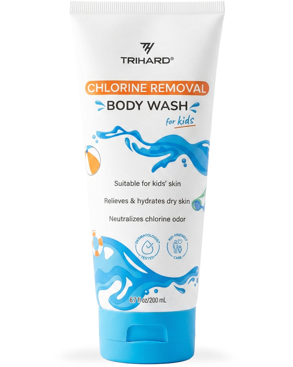 TRIHARD front bottle showing label and calming design, highlights gentle after-swim benefit
