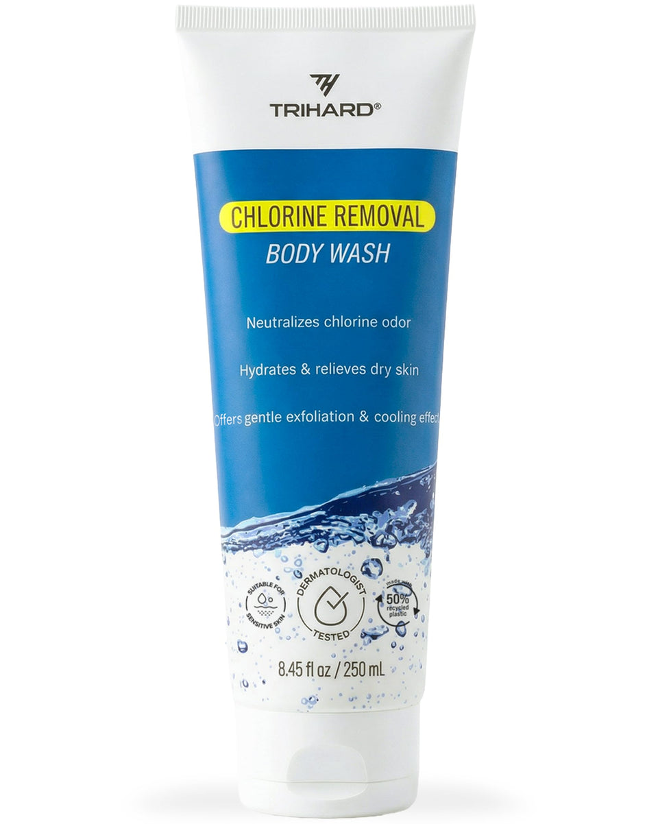 TRIHARD front packaging showing label and 1‑count bottle, clear post‑swim benefit