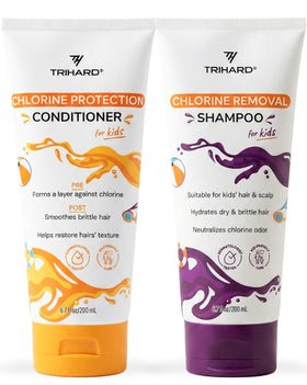 TRIHARD front packaging of shampoo and conditioner showing kid-friendly labels and benefits