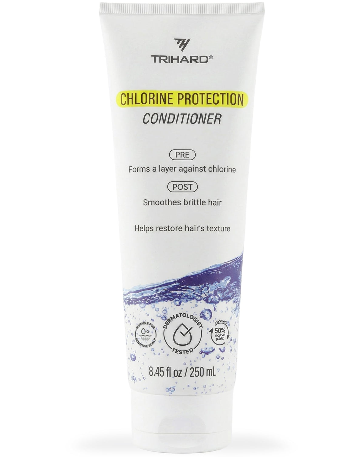 TRIHARD front packaging showing swimmer-friendly conditioner benefits
