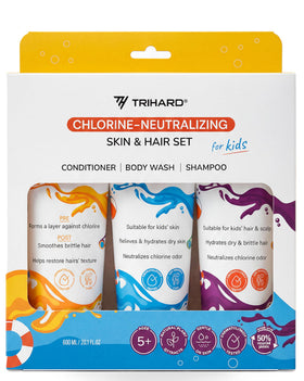 TRIHARD kids front packaging showing 3-in-1 swim kit protecting hair and skin