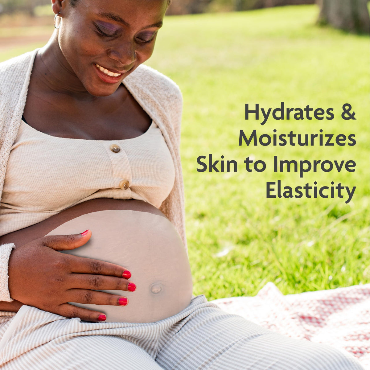 TriLASTIN applied to a pregnant belly providing soothing relief