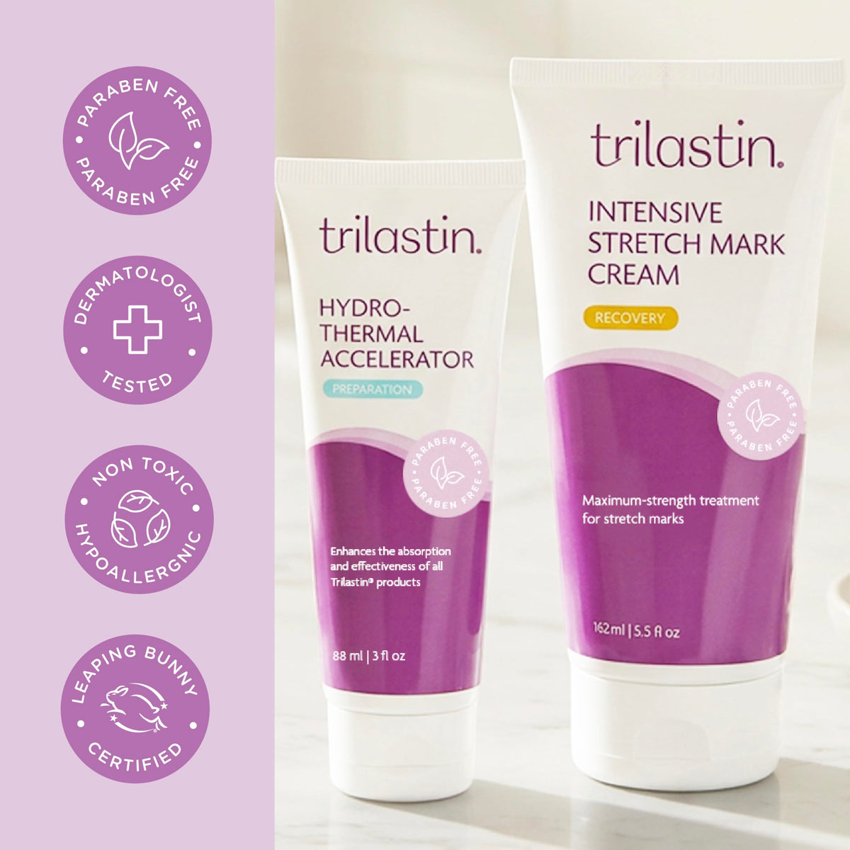 TriLASTIN cream texture swatch showing smoothing consistency and skin-softening benefit