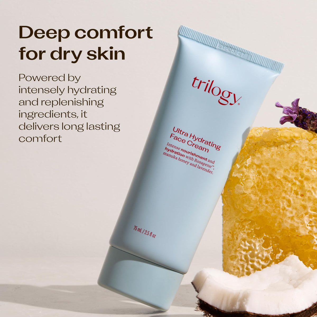 Trilogy cream applied to hand demonstrating quick absorption and smooth finish benefit