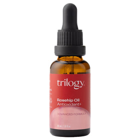 Trilogy front bottle showing rosehip antioxidant oil and organic benefits