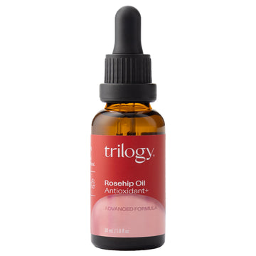 Trilogy front bottle showing rosehip antioxidant oil and organic benefits