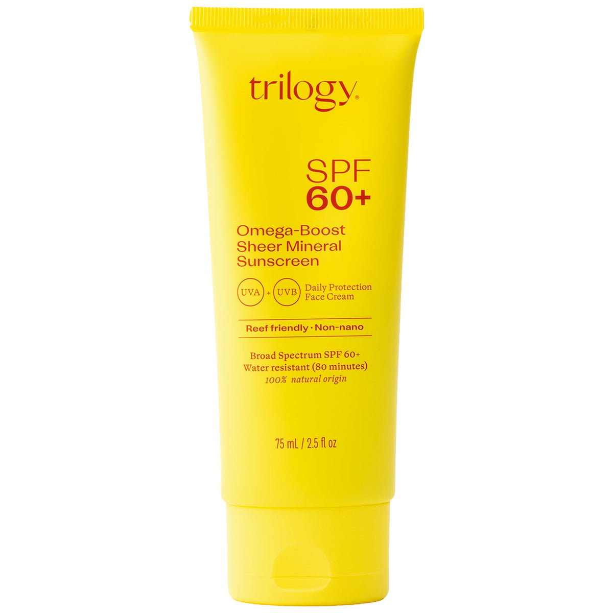Trilogy front packaging showing SPF 60 protection and compact size benefit