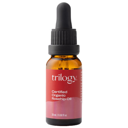 Trilogy rosehip oil front bottle showing compact travel size and purity