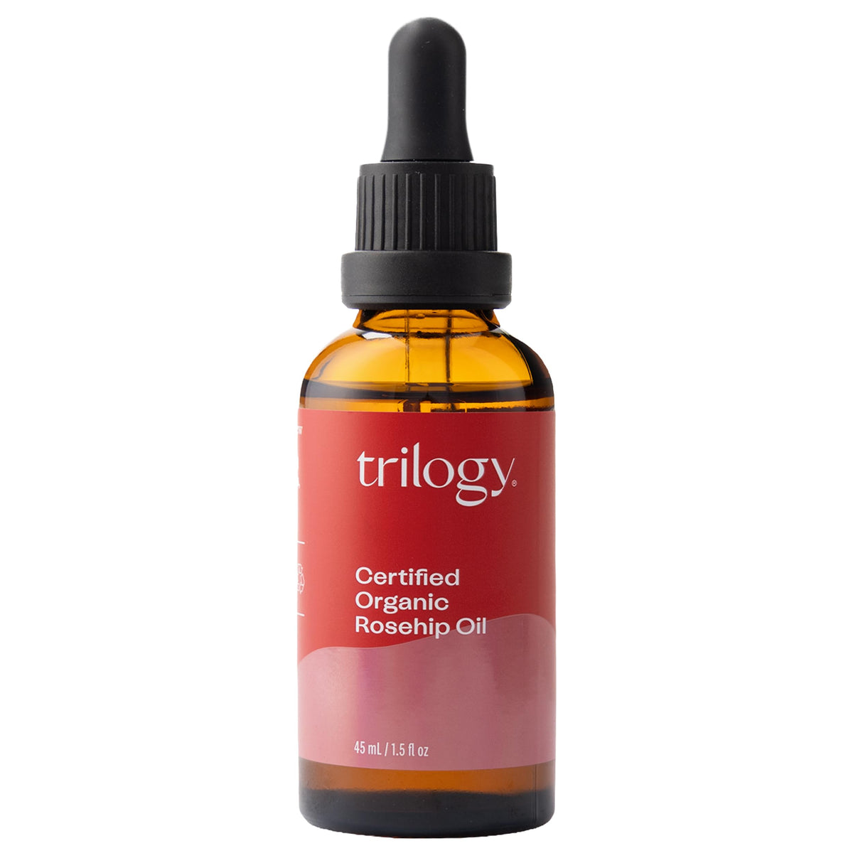 Trilogy bottle front packaging showing pure rosehip oil and benefits