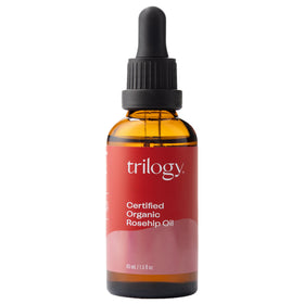 Trilogy bottle front packaging showing pure rosehip oil and benefits