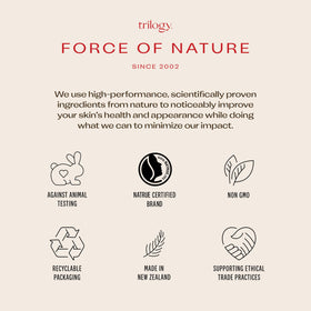 Trilogy bottle with organic certification badge indicating quality