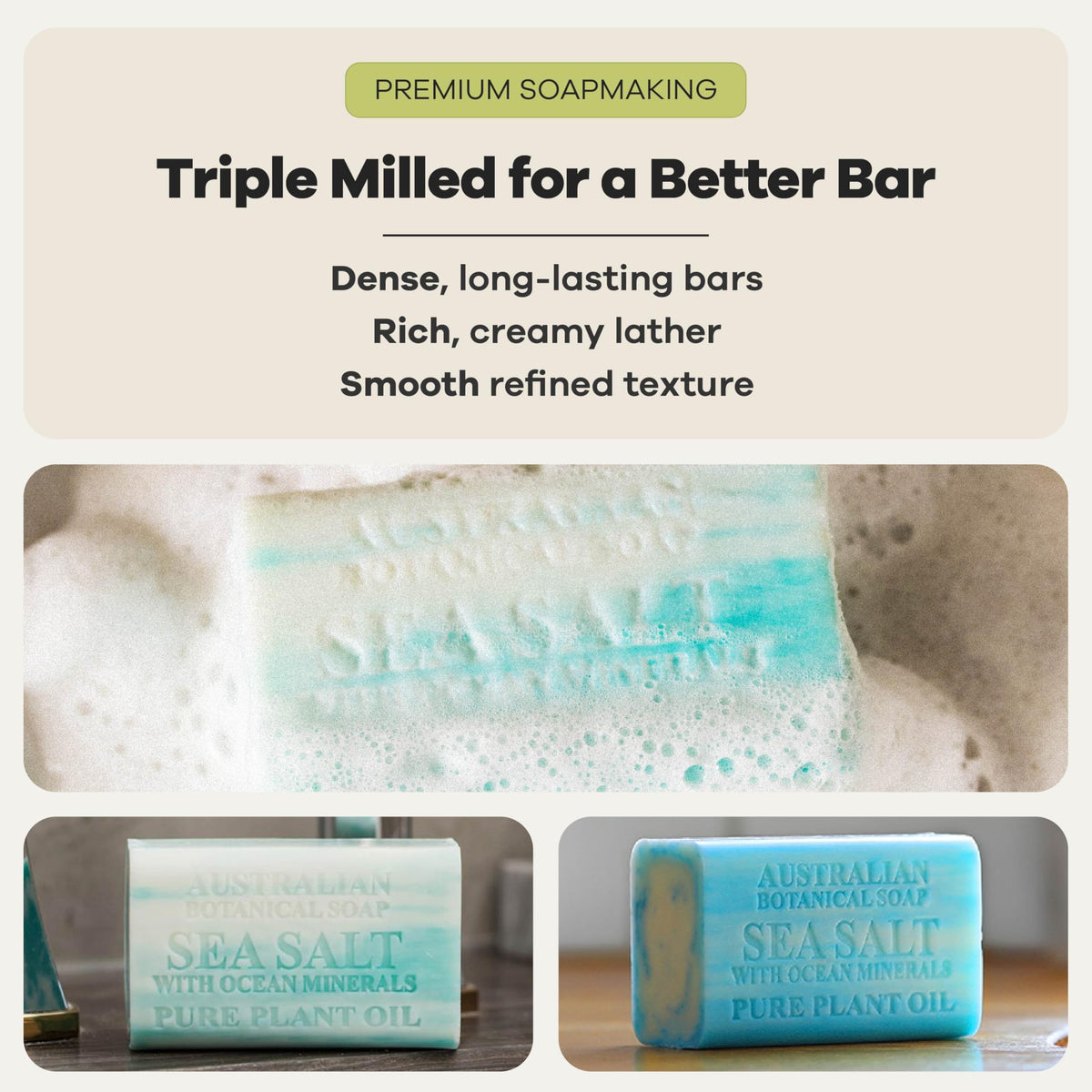 Australian Botanical Soap triple-milled cross section showing dense long-lasting bar