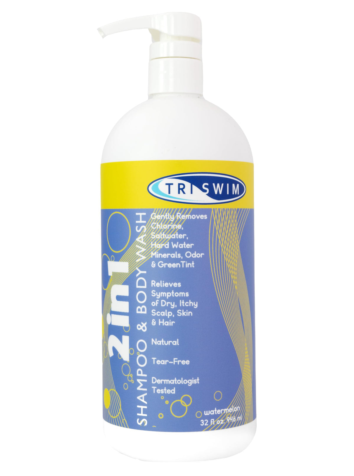 TRISWIM front packaging view showing product and pump, ideal for swimmers
