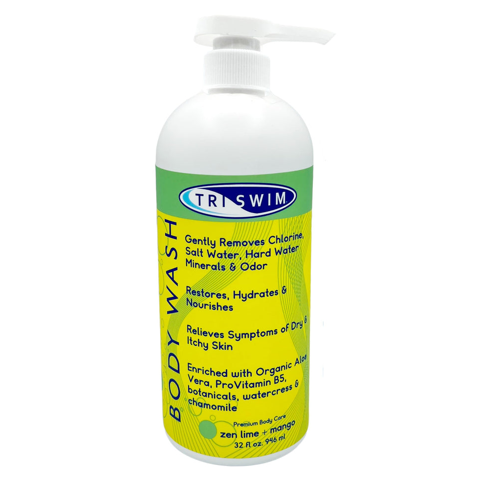 TRISWIM 32oz front bottle showing label and pump, clear benefits for swimmers
