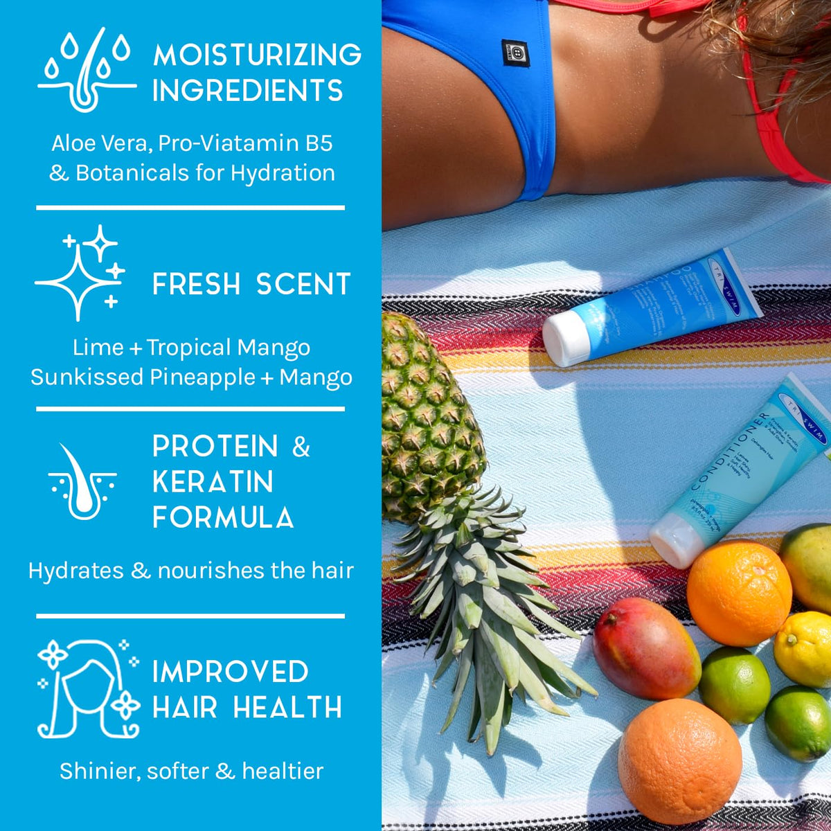 TRISWIM bottle closeup label highlighting ingredient info and chlorine-removal benefit