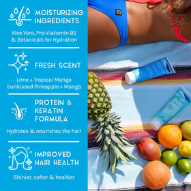 TRISWIM bottle closeup label highlighting ingredient info and chlorine-removal benefit