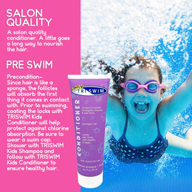TRISWIM 8.5oz bottle next to ruler for scale, shows compact travel-friendly size