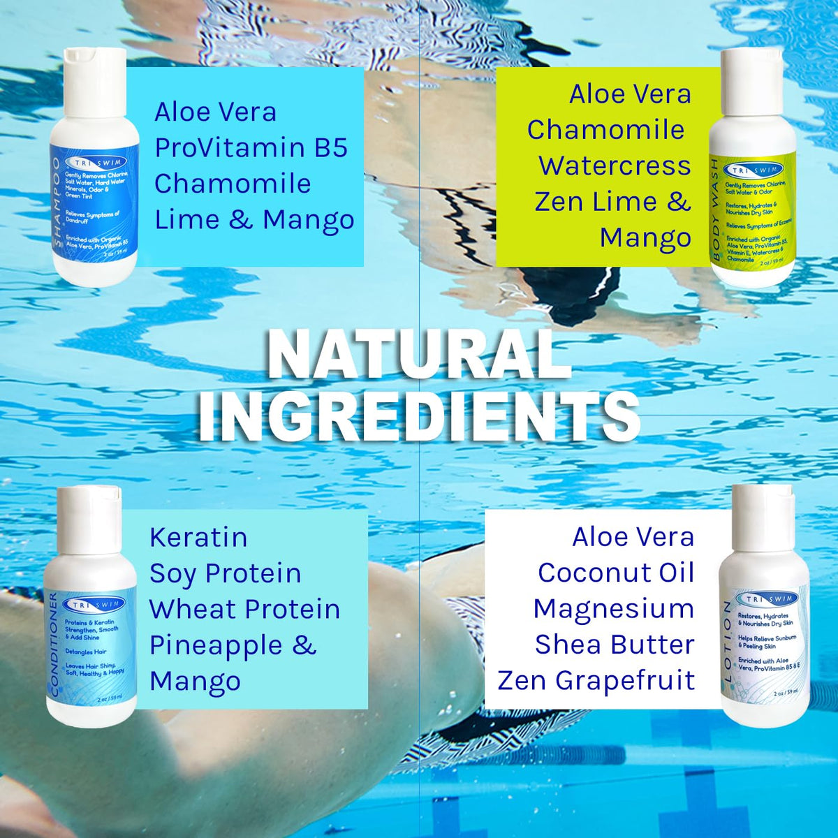TRISWIM Chlorine-Out Shampoo pouring texture demonstrating gentle residue removal