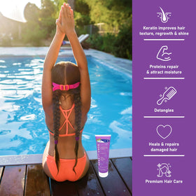 TRISWIM conditioner in use by child poolside, demonstrates easy detangling after swimming