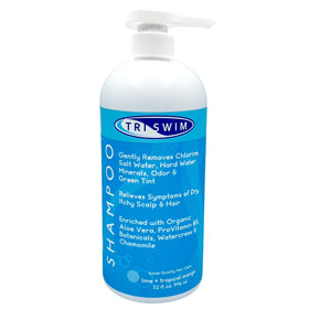 TRISWIM 32oz bottle front view showing product and scent, cleans chlorine effectively