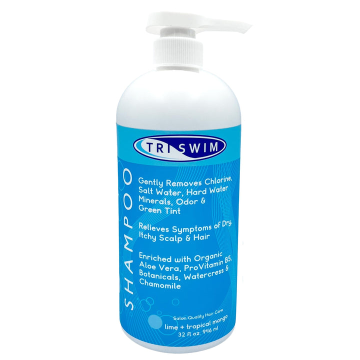 TRISWIM 32oz bottle front view showing product and scent, cleans chlorine effectively