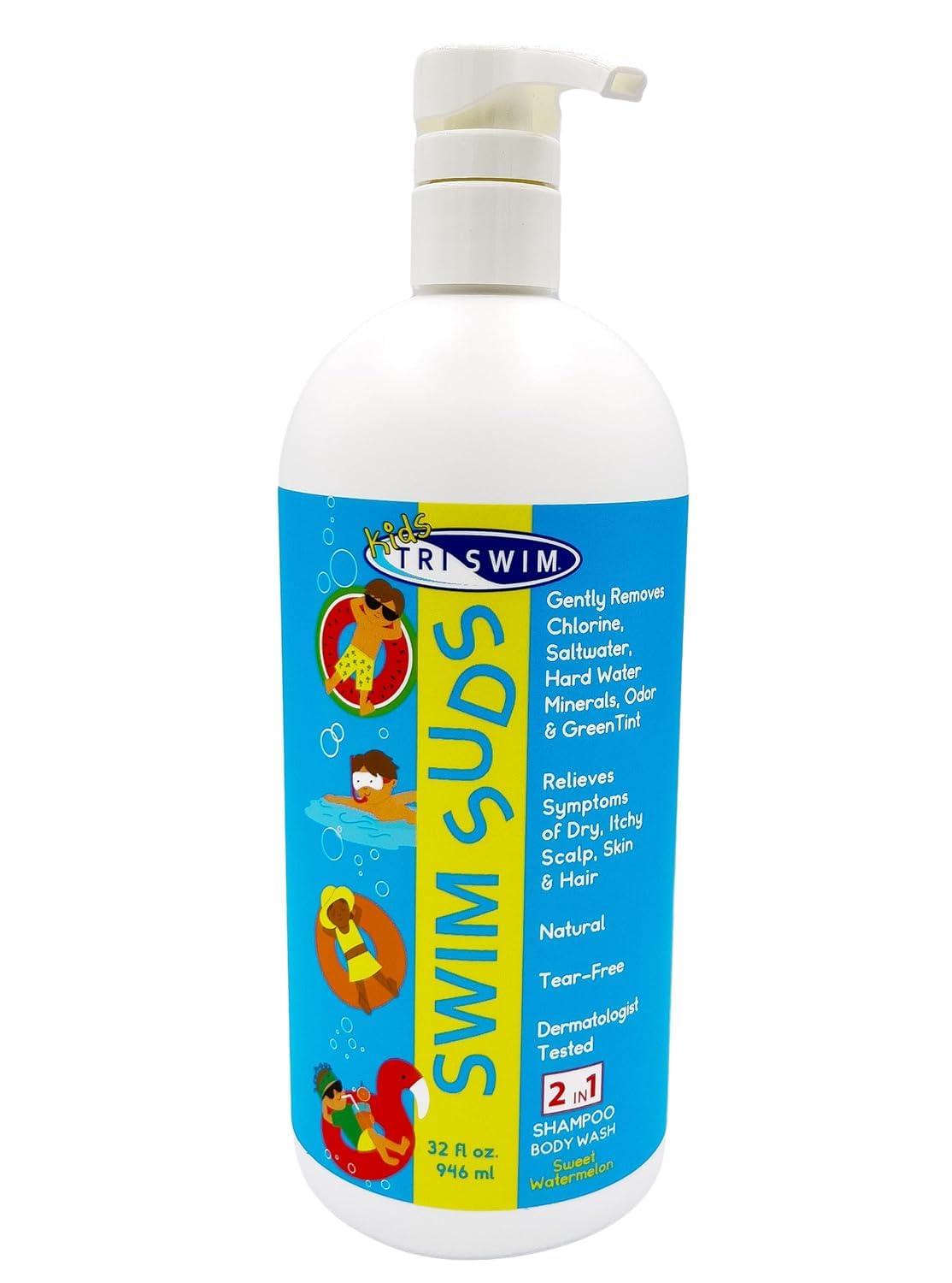 TRISWIM front bottle view showing watermelon scent and kid-friendly label, quick identification benefit